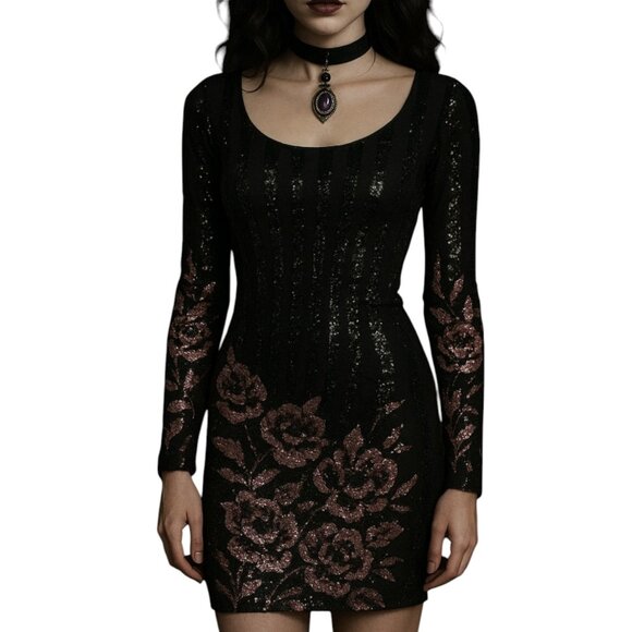 Dress The Population $398 Bodycon Rose Sequined V-Neck Whimsigoth Party Dress L - Picture 3 of 16